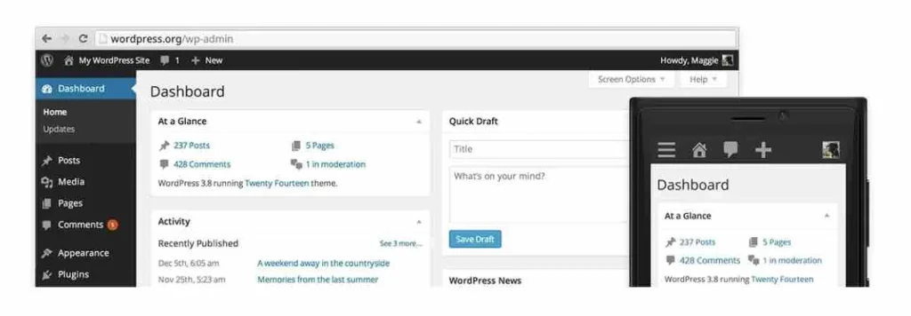 редизайнът на таблото за управление WordPress от 2013год.