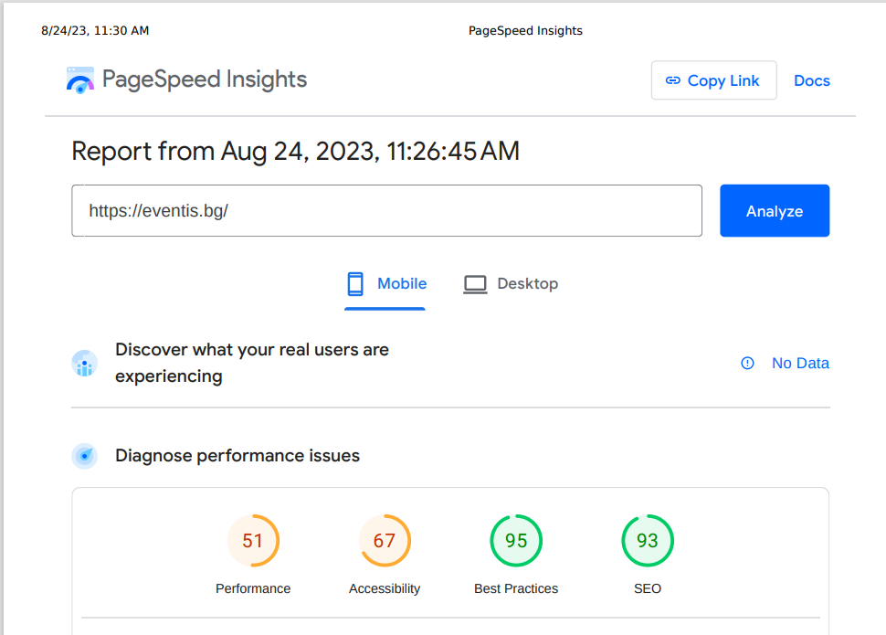 резултатите в Page Speed insights след препоръки и оптимизация за мобилната версия