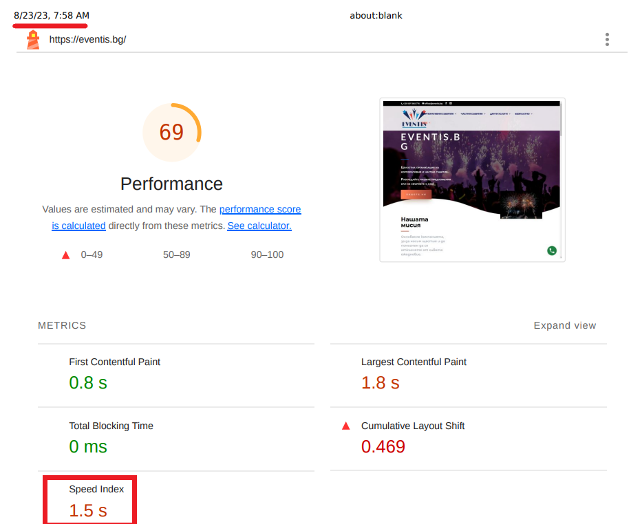Репорт от PageSpeed Insights за десктоп версията на Eventis.bg преди нашата намеса: