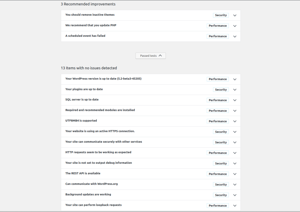 Site Health is a new menu in Tools that allows you to check the status of your website and system environment.