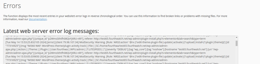 the web server log that shows the communication between the WP application and the server environment