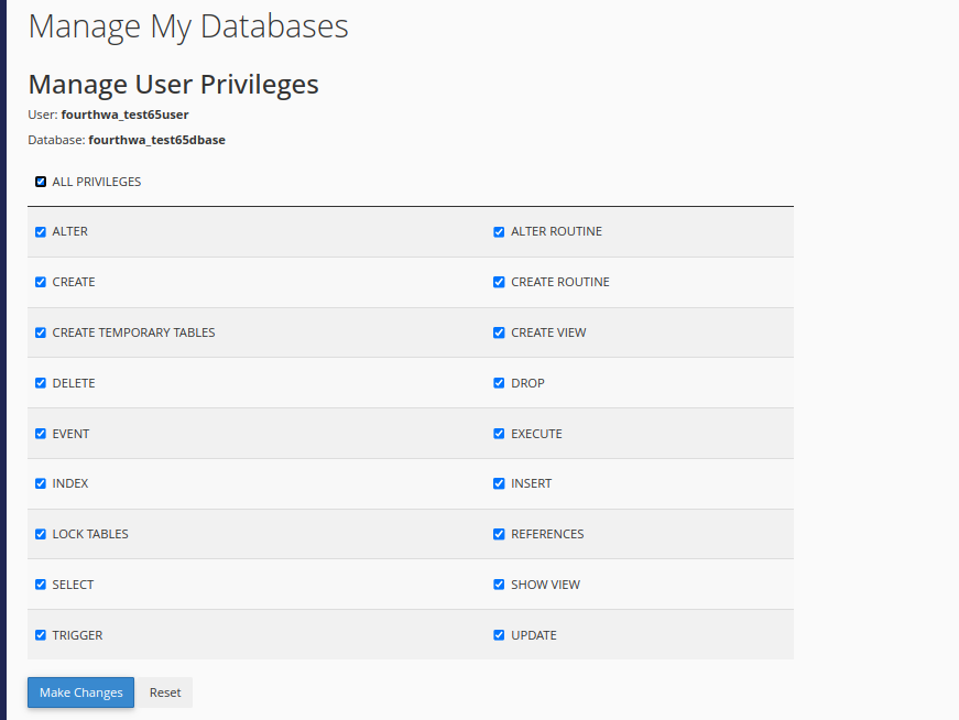 Екран Manage User Privileges в cPanel