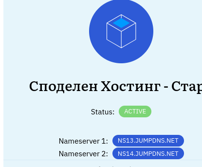 Активен хостинг план с показани NS записи