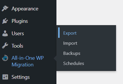 Менюто на плъгина All-in-One WP Migration с отворена секция Export