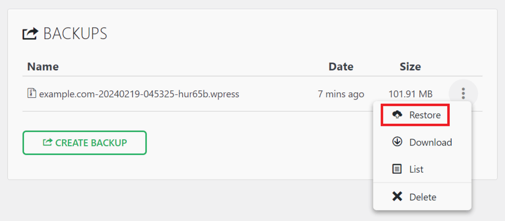 Архив в All-in-One WP Migration с избрана опция Restore
