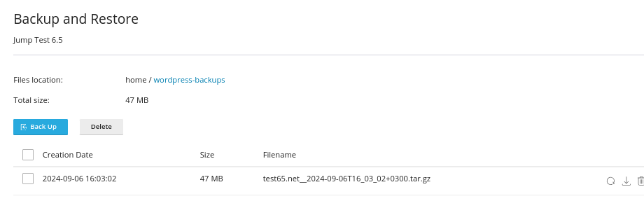 Архивът в секцията Backup / Restore е готов за възстановяване и изтегляне на локално устройство