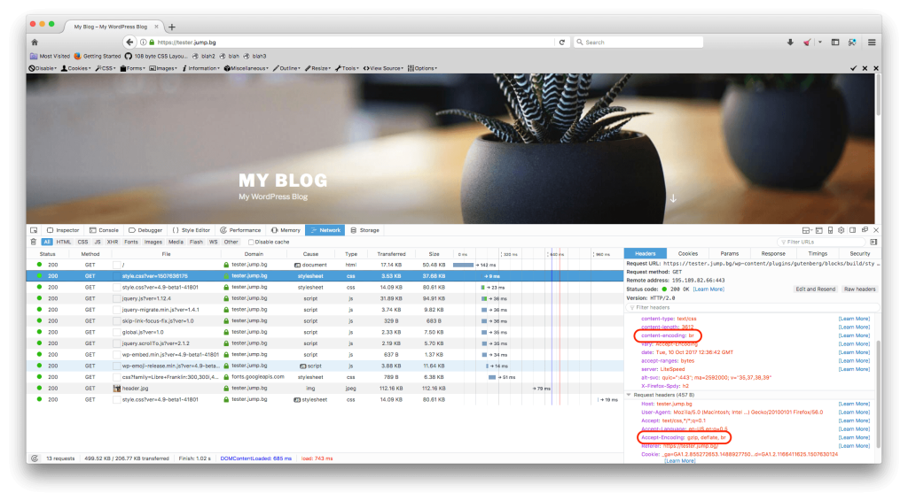 Проверка във Firefox, че сайтът използва Brotli компресия