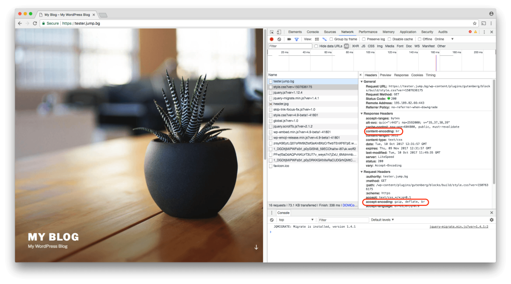 Проверка в Chrome, че сайтът се сервира с Brotli компресия
