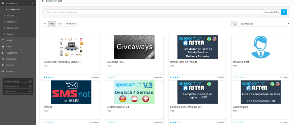 Marketplace екран в OpenCart 3.0 с разширения и теми