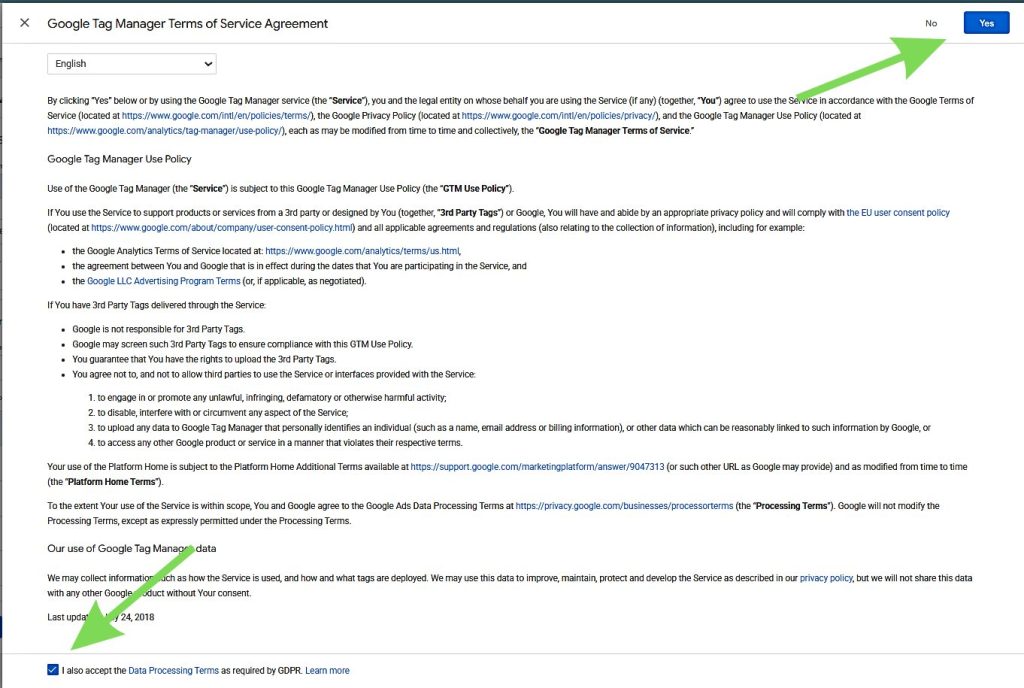 Приемете Условията за ползване на Google Tag Manager