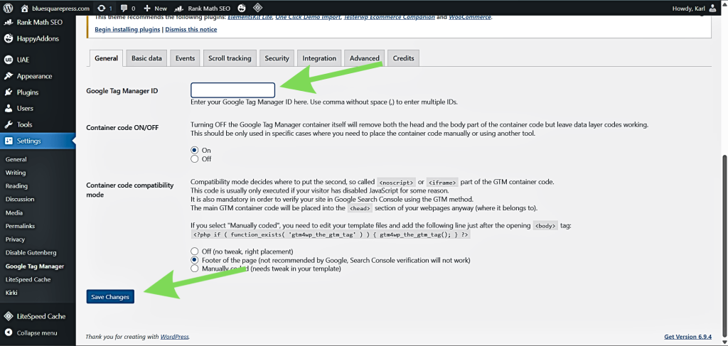 Въведете ID-то на вашия контейнер и запазете настройките си