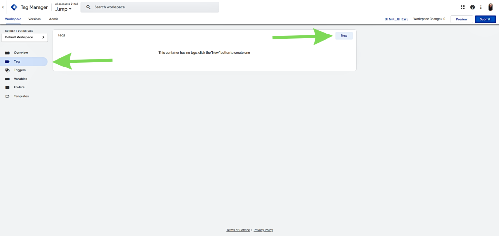 Отидете в „Тагове“ в GTM