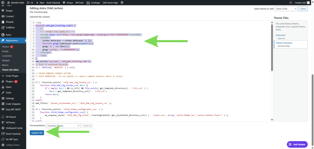 Добавете проследяващия код на GA4 чрез functions.php