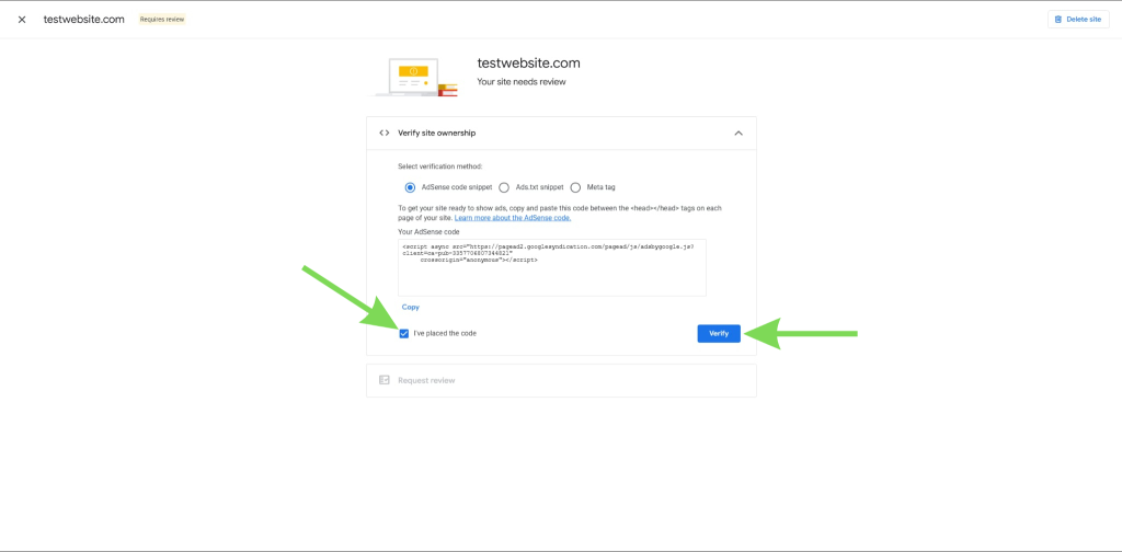 Потвърдете кода на AdSense