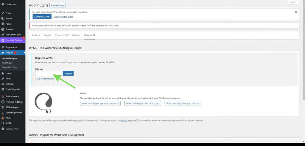 раздел за регистрация на плъгина WPML в WordPress