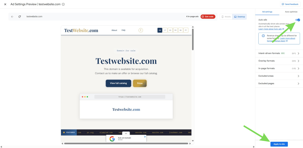 Apply auto ads to this site