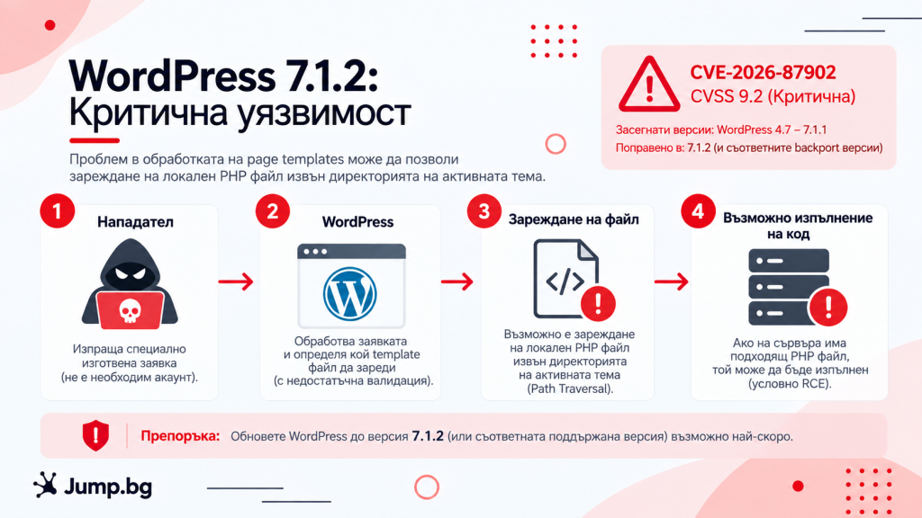 Как работи уязвимостта в WordPress 7.1.2: нападател, WordPress, зареждане на файл, изпълнение на код