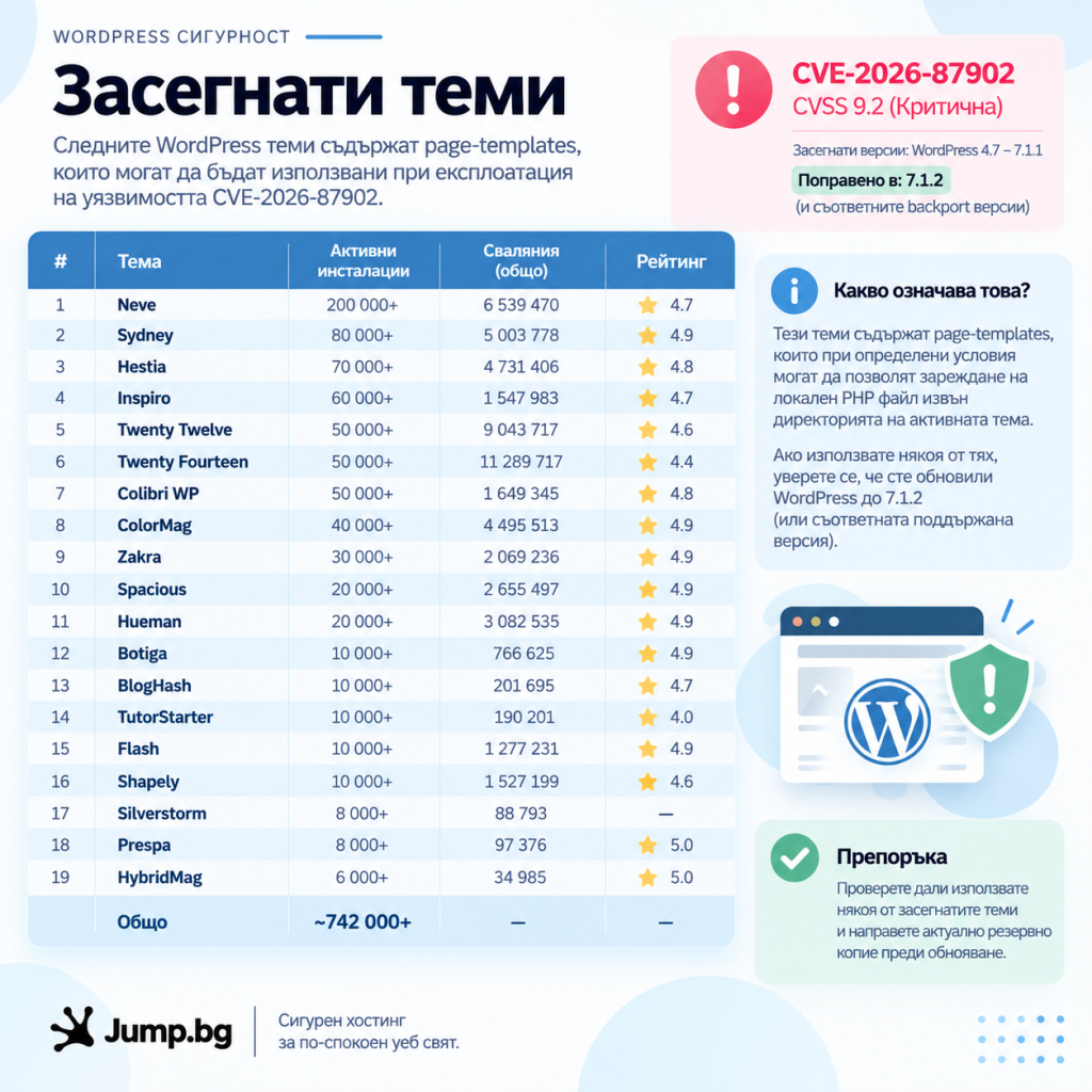 Списък на 12-те засегнати WordPress теми с папка page-templates (CVE-2026-87902)