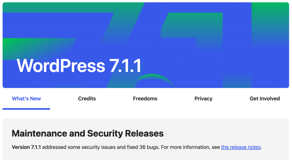 WordPress 7.1.1: екранът „Какво ново“ след обновяване