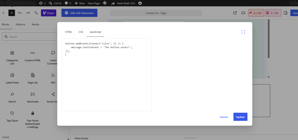 Добавяне на JavaScript чрез блока за Custom HTML